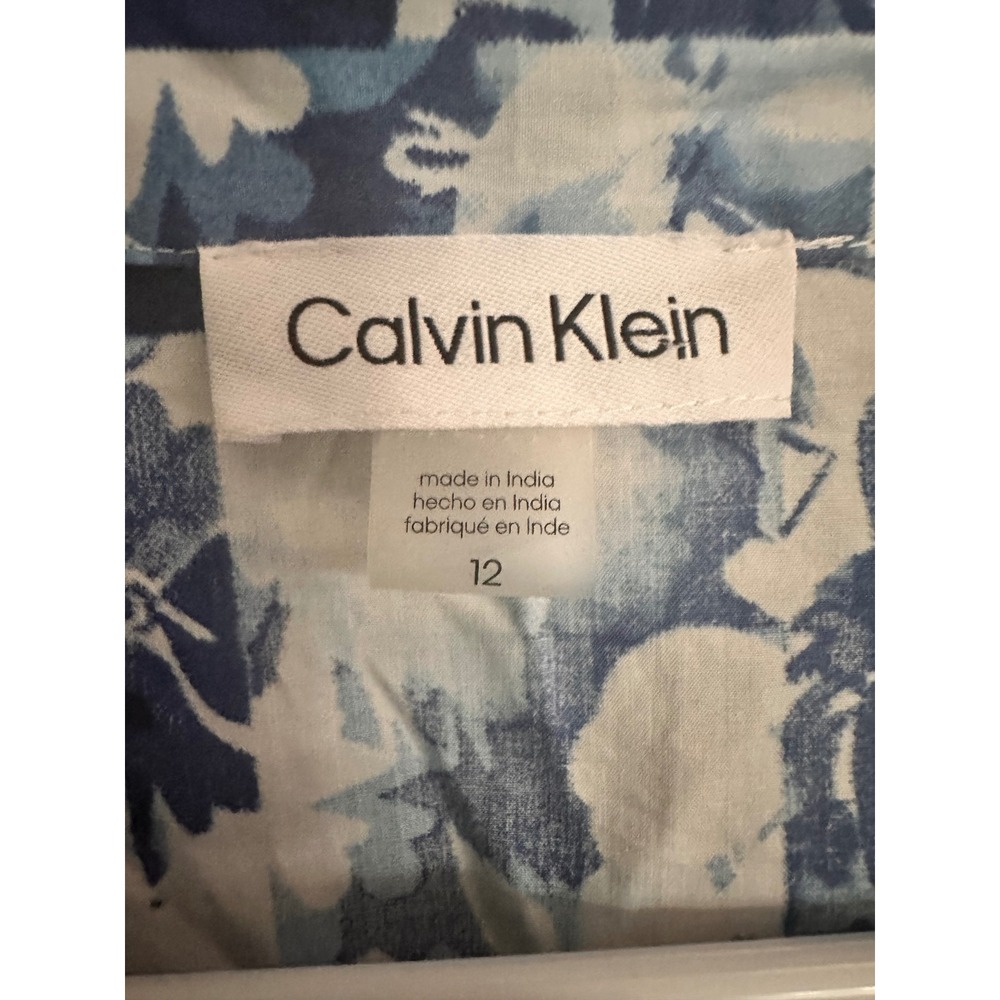 Calvin Klein Shirt Dress Womens 12 Blue Floral Cotton Tie Sleeve Belted Knee - Picture 5 of 6